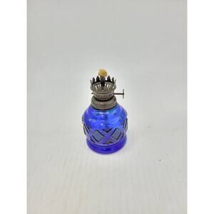 Vintage Miniature Cobalt Blue Glass Oil Lamp, Round Wick, Made in Hong Kong